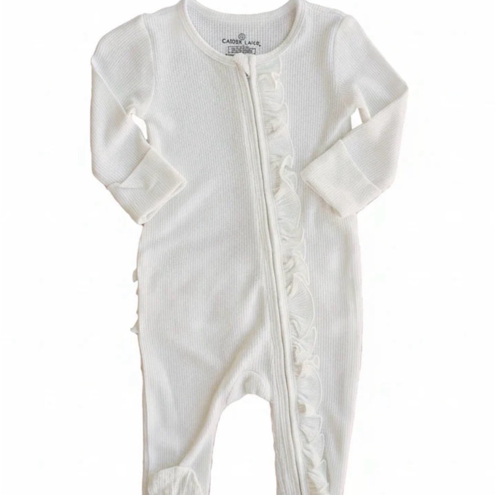 Caden Lane Cloud White Bamboo Waffle Ruffle Zipper Footie